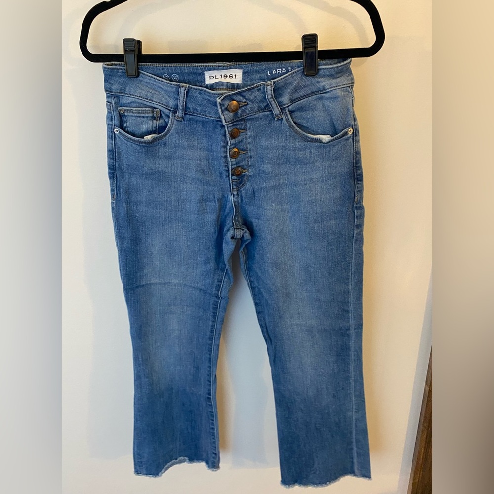DL1961 Buttton-Fly Light Wash Flare Cropped Denim